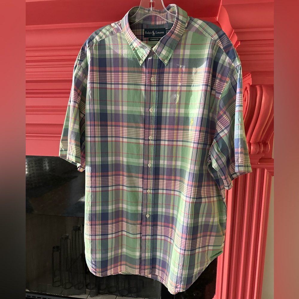 Ralph Lauren madras plaid buttoned short sleeve shirt